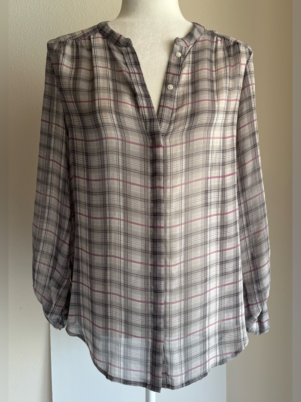 Joie Sheer Plaid Split-Neck Blouse